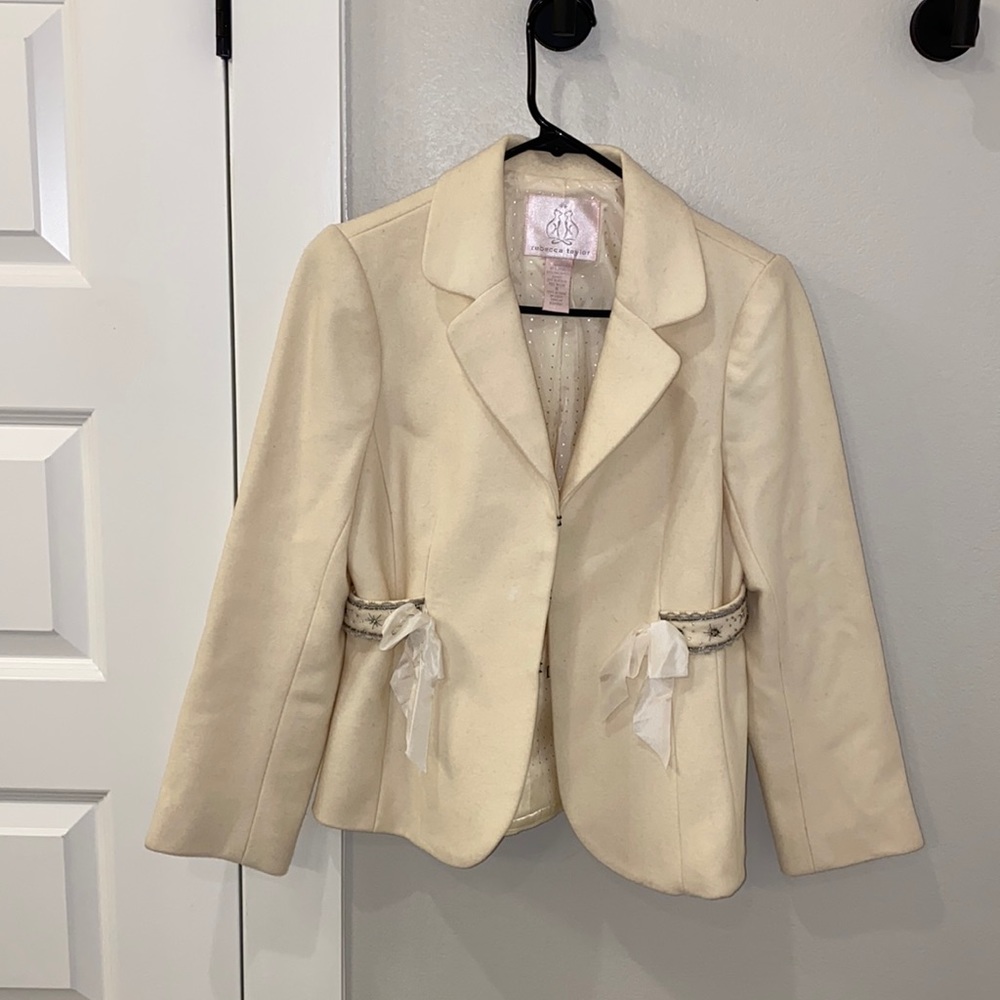 VGUC Off- White Size 8 Rebecca Taylor Wool Bow Professional Work Business Jacket